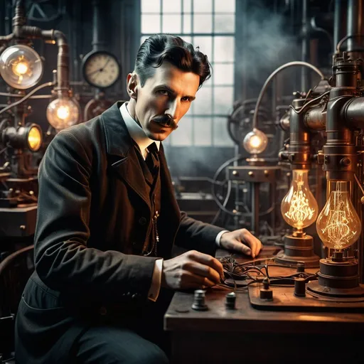 Prompt: Detailed, high-res image of Nikola Tesla in a misc-dystopian style, steampunk aesthetic, intense and focused gaze, electrical currents emanating from hands, vintage lab equipment, atmospheric lighting, moody color tones, industrial machinery in the background, high quality, steampunk, vintage, dystopian, atmospheric lighting, electrical currents, intense gaze, vintage lab equipment, industrial machinery, moody color tones, detailed eyes