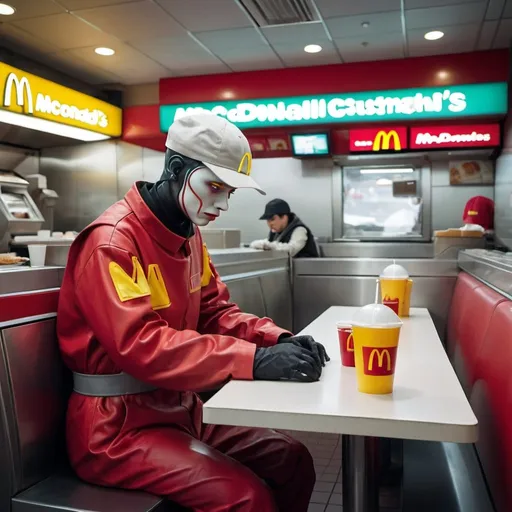 Prompt: The last human worker at a futuristic dystopian McDonald's 