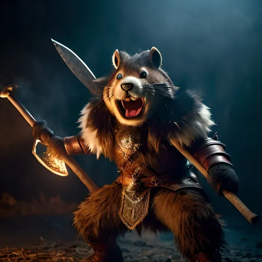 Prompt: Create an image of a warrior beaver anthropomorphic, screaming, moving, action burst, leather and iron armor, shaggy fur, foggy, stormy, 70mm, cinematic, highly detailed, minotaur real size, swinging his axe, debris flying, sparkling lights, aura, strong lights, high illumination"