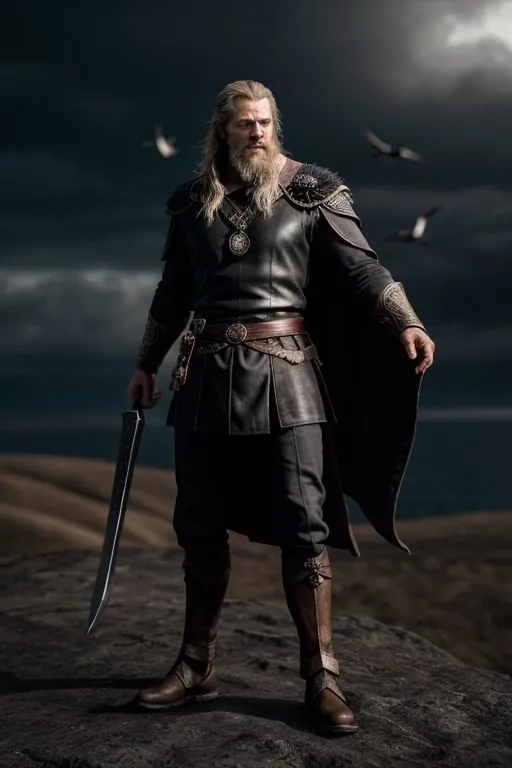 Prompt: Photorealistic depiction of Odin from Norse mythology, the all-father, viking, forward facing, standing pose with arms outstretched, two crows landing in each hand, realistic textures, detailed facial features, lifelike rendering, historical, mythological, detailed feathers, realistic lighting, photorealism style, Norse mythology, detailed pose, intricate details, high quality, lifelike, historical theme, subdued and natural tones, realistic shadows, no wings