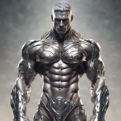 Prompt: a muscular man, he has chrome cybernetic arms and legs, he has a torso of a man, he has the face of a man, fantasy, intricate, elegant, highly detailed, hyper realistic, fine details, high quality, no blur,  feet and legs showing 