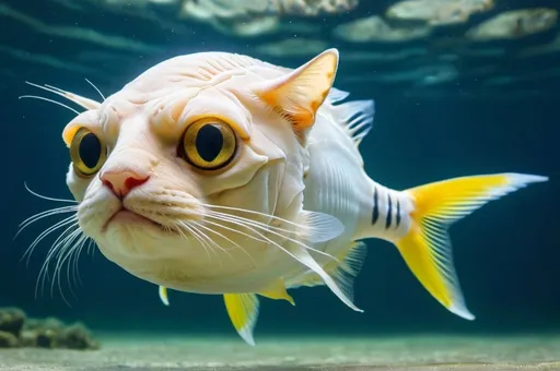 Prompt: A hybrid animal that has the head of a cat and the body of a fish, it is swimming underwater