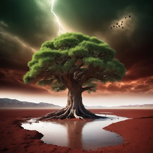 Prompt: The last green tree on earth, ancient large tree, desolate landscape, water flowing from its base toward the viewer birds flying toward the tree, cinematic lighting, dark red dusty skies, white light emitting from behind the tree, harsh lighting, high contrast, realistic lighting 