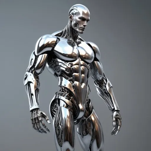 Prompt: Muscular man with chrome cybernetic arms and legs, fantasy, intricate, elegant, highly detailed, hyper realistic, fine details, high quality, no blur, feet and legs showing, torso, face, chrome, cybernetic, fantasy, elegant, hyper-realistic, detailed, intricate, professional lighting