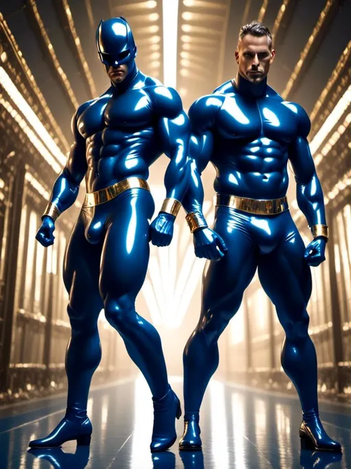 Prompt: <mymodel> Latex, two hyper-muscular men in seemless blue latex body suits with silver and gold accents, tight latex showing all body details, realistic textures, detailed facial features, digital art, full-body depiction, feet and legs showing, dynamic posing, very dark scenery, blue atmospheric lighting, against solid blue background, photorealistic, gay moment, hypersexual, hypermasculine 