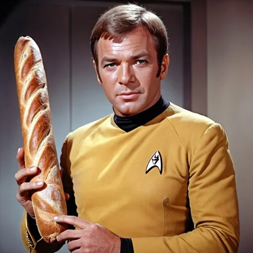 Prompt: Captain Kirk of star trek with a very large baguette in his hands