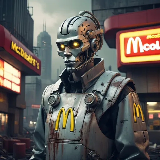 Prompt: Futuristic dystopian McDonald's employee, metallic and industrial materials, cybernetic implants, crumbling cityscape, post-apocalyptic setting, retro-futuristic, grungy color tones, dim and moody lighting, 4k, ultra-detailed, misc-dystopian, cybernetic implants, crumbling cityscape, desolate atmosphere, retro-futuristic, industrial, grungy, dim lighting