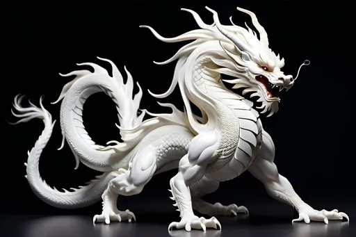 Prompt: A mystical Chinese style dragon with long silky white hair, flowing hair, no visible scales, flying action pose, humanoid face, full body view,  dynamic posing 