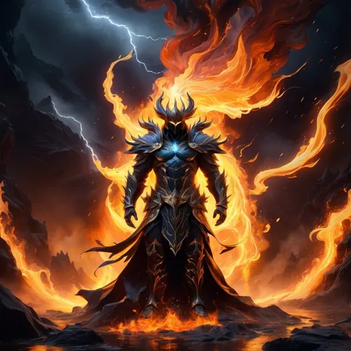 Prompt: Inimage, Splash art, create a fantasy scene with artstation, splash style of dark fractal paint, contour, hyperdetailed intricately detailed, unreal engine, fantastical, intricate detail, splash screen, complementary colors, fantasy concept art, Full Body, ((((Barely clothed)))) Nordic Fire God engulfed in flames and lightning, 8k resolution, deviantart masterpiece, oil painting, heavy strokes, paint dripping, splash arts, ultra details
