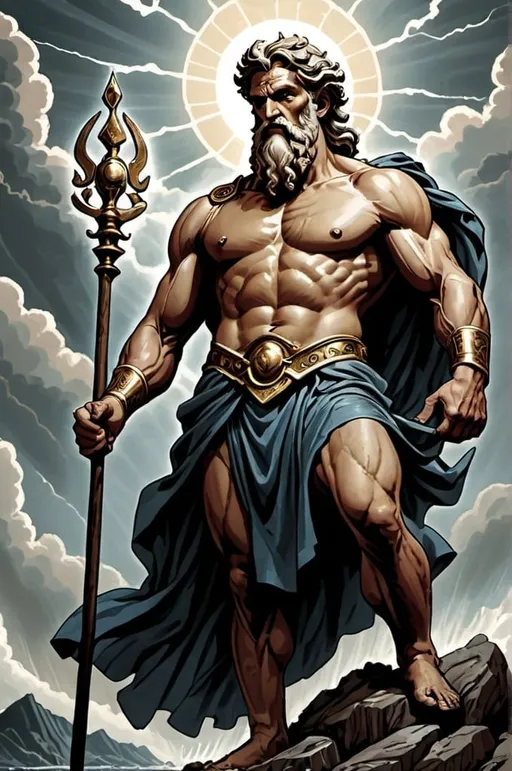 Prompt: The greek god Zeus, landfields, detailed, dark colors, dramatic, graphic novel illustration,  2d shaded retro comic book