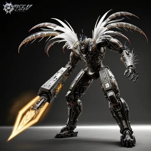 Prompt: Giant futuristic-biomechanical battle chicken, metallic feathers, imposing presence, intricate mechanical details, high-tech weaponry, intense and fierce demeanor, industrial biomechanical style, cybernetic enhancements, sleek and powerful, ultra-detailed, biomechanical, futuristic, industrial, intense lighting, metallic tones, highres, imposing design, fierce expression, high-tech weaponry