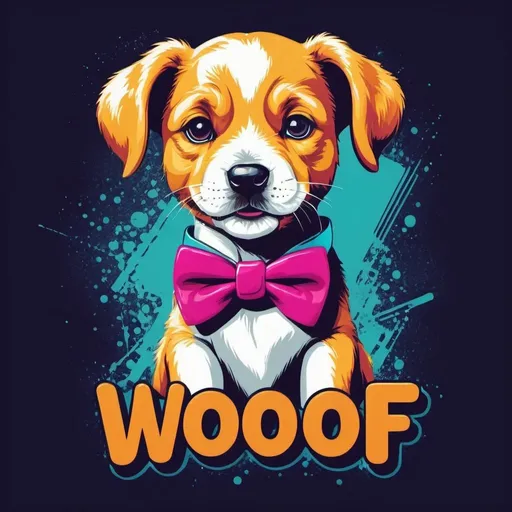 Prompt: T-shirt vector retro grunge design cute puppy wearing a bow tie with the text [specific text "woof" ] typography, vibrant bold neon colors, 3D render, typography