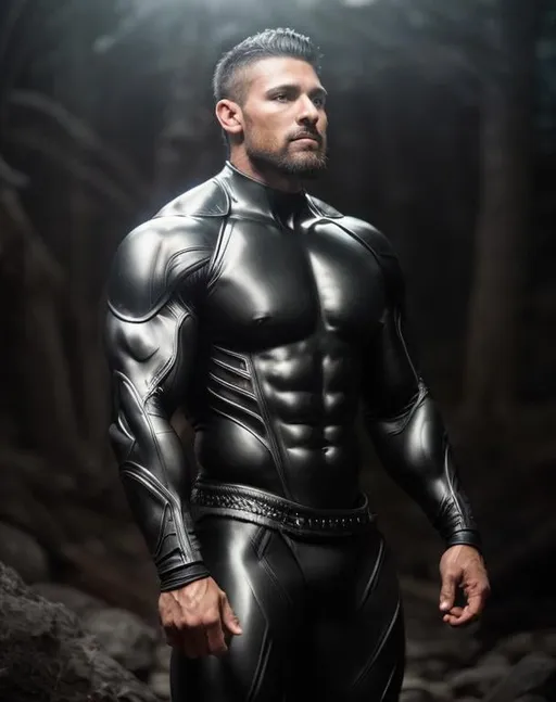 Prompt: Fantasy illustration of a muscular male human, matte black carbon fiber body suit, muscles showing, epic battle stance, high quality, fantasy style, detailed armor, magical aura, heroic, powerful, mystical lighting
