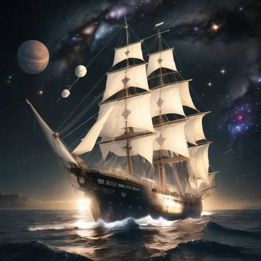 Prompt: Photorealistic illustration of an old-fashioned sailing ship soaring through outer space, surrounded by stars and distant planets, realistic space scenery, intricate ship details, weathered wood texture, antique sails billowing in the cosmic wind, authentic celestial bodies, high quality, photorealism, space, sailing ship, stars, planets, detailed ship, weathered texture, antique sails, realistic scenery, cosmic, celestial, intricate details