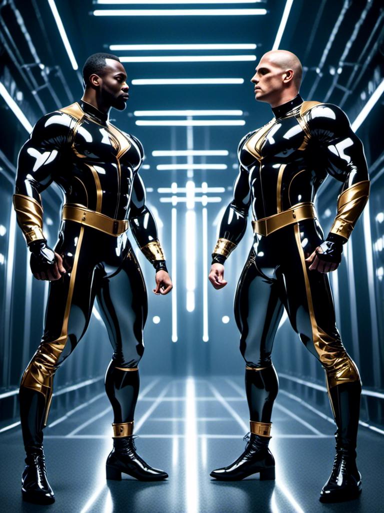 mymodel> Latex, two hyper-muscular men in black lat...