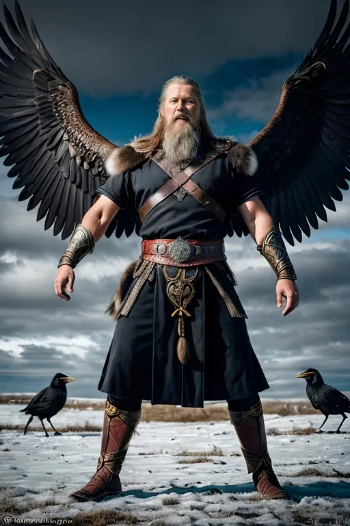 Prompt: Photorealistic depiction of Odin from Norse mythology, the all-father, viking, forward facing, standing pose with arms outstretched, two crows landing in each hand, realistic textures, detailed facial features, lifelike rendering, historical, mythological, detailed feathers, realistic lighting, photorealism style, Norse mythology, detailed pose, intricate details, high quality, lifelike, historical theme, subdued and natural tones, realistic shadows