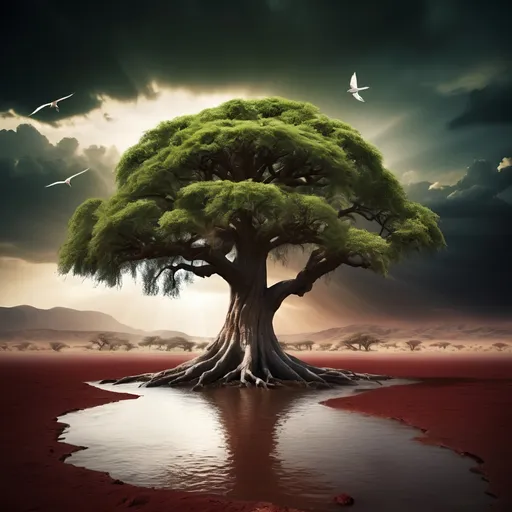 Prompt: The last green tree on earth, ancient large tree, desolate landscape, water flowing from its base toward the viewer birds flying toward the tree, cinematic lighting, dark red dusty skies, white light emitting from behind the tree, harsh lighting, high contrast, realistic lighting 