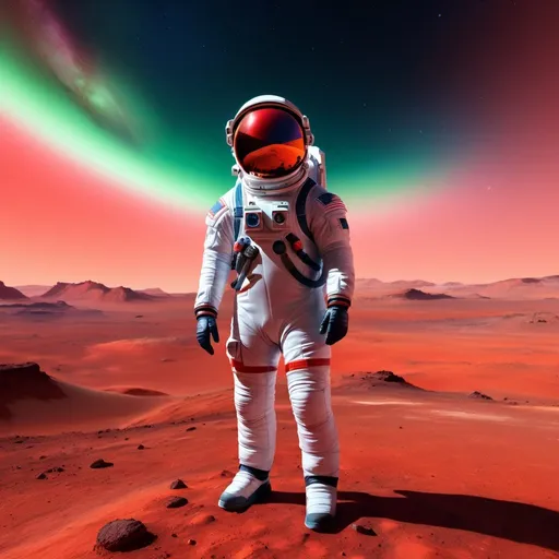 Prompt: Photorealistic illustration of a lone astronaut on Mars, vibrant Martian aurora in the sky, detailed spacesuit with realistic reflections, dusty red Martian landscape, high definition, photorealism, astronaut, Mars, aurora, detailed suit, realistic reflections, dusty landscape, vibrant colors, detailed atmosphere, high quality