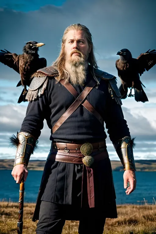 Prompt: Photorealistic depiction of Odin from Norse mythology, the all-father, viking, forward facing, standing pose with arms outstretched, two crows landing in each hand, realistic textures, detailed facial features, lifelike rendering, historical, mythological, detailed feathers, realistic lighting, photorealism style, Norse mythology, detailed pose, intricate details, high quality, lifelike, historical theme, subdued and natural tones, realistic shadows