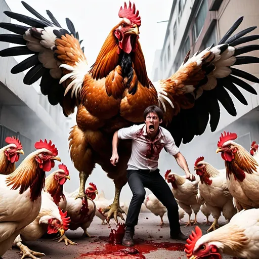 Prompt: Giant chickens aggressively attacking a human, bloody and gory scene