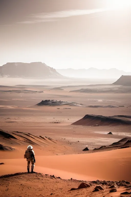 Prompt: A lone soldier standing in a Martian landscape, desolate and desperate 