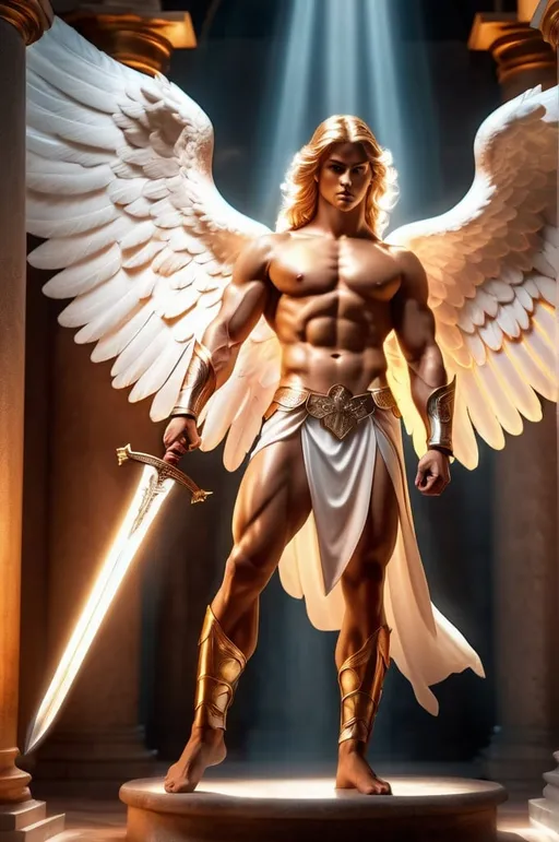 Prompt: Muscular guardian angel holding a sword, bare feet and legs showing, divine aura, ethereal glow, majestic wings, heroic stance, 4k, ultra-detailed, classic, warm tones, dramatic lighting