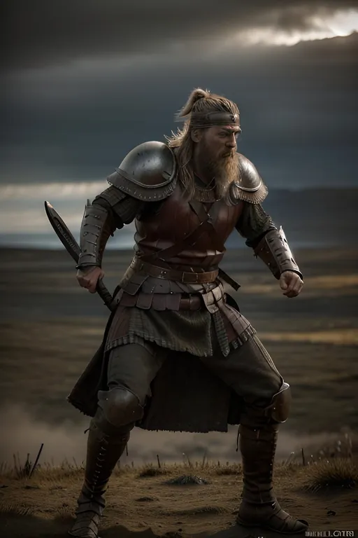 Prompt: Viking warrior in battle, rugged and weathered, realistic, detailed armor and weaponry, intense and fierce expression, dramatic lighting and shadows, high quality, realistic, dark and gritty, detailed facial features, historical, battle-worn, epic, cinematic, epic, intense battle scene, rugged landscape, atmospheric lighting, full body view, 