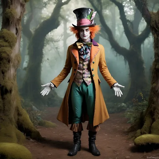 Prompt: The mad hatter, full frontal view, full body pose, fantasy forest setting 