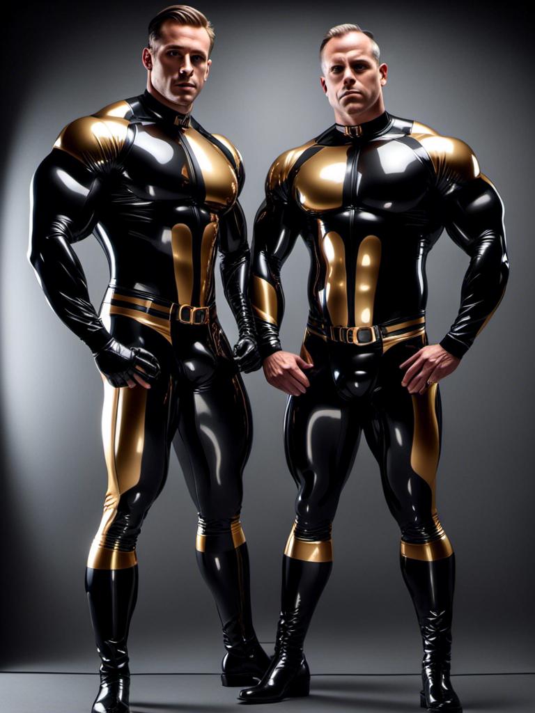 mymodel> Latex, two muscular men in black latex bod...