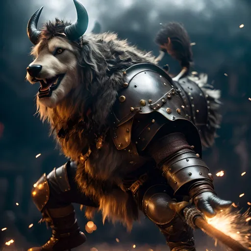 Prompt: Create an image of a warrior bull, anthropomorphic, screaming, moving, action burst, leather and iron armor, shaggy fur, foggy, stormy, 70mm, cinematic, highly detailed, minotaur real size, swinging his axe, debris flying, sparkling lights, aura, strong lights, high illumination"