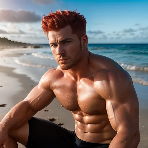 Prompt: Beefy man with bright red hair, sitting on sandy beach, looking at the ocean, photorealism, realistic, detailed muscles, intense gaze, realistic hair texture, sandy beach, ocean view, high quality, photorealistic, detailed, realistic colors, natural lighting