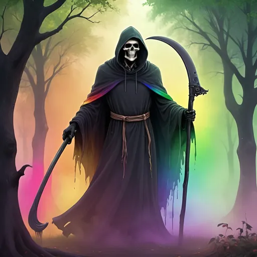 Prompt:  the grim reaper, fun and happy atmosphere, scythe wrapped in rainbow mist, ominous cloak billowing, glowing eyes peering from deep hood, vibrant and bright color palette, happy background with green trees, high contrast shadows, cartoon, eerie, mysterious, gloomy tones, ghostly mist, ominous cloak, glowing eyes, spooky, high contrast, detailed scythe