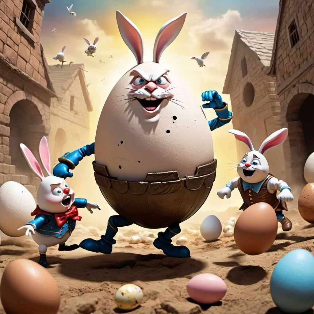 An epic battle scene between (humpty dumpty, an egg...