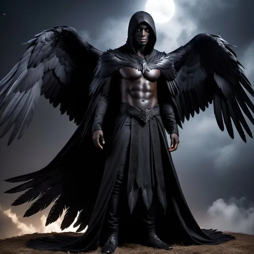 Prompt: Fantasy illustration of a man with matte black skin, large widespread black wings of a raven, full body pose, fantasy, highres, detailed, matte finish, dark fantasy, detailed wings, traditional clothing, magical realism, dramatic lighting