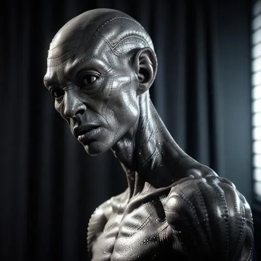 Prompt: Photorealistic depiction of a tall, male gray alien standing in a dark room,  detailed skin, realistic textures, lifelike alien, detailed facial features, realistic lighting, high quality, photorealism, detailed alien, standing alien, detailed skin, realistic textures, lifelike, realistic lighting, tall alien, gray color palette, bedside scene, detailed background, full body pose 
