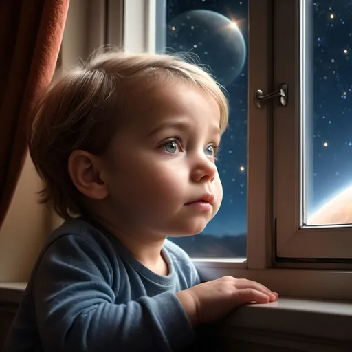Prompt: Photorealistic illustration of a small child, house window, deep space, starlit sky, curious expression, cozy indoor lighting, high quality, photorealism, detailed, child's innocence, house interior, deep space view, inquisitive gaze, realistic shadows, peaceful atmosphere, awe-inspiring, stellar scenery