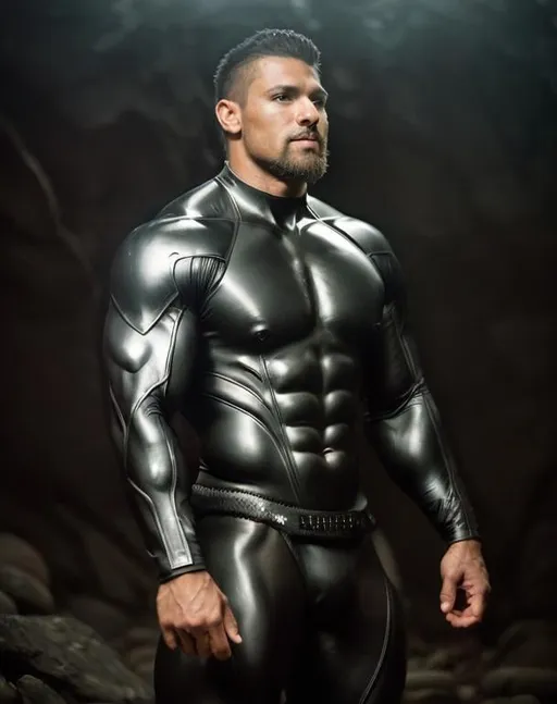 Prompt: Fantasy illustration of a muscular male human, matte black carbon fiber body suit, muscles showing, epic battle stance, high quality, fantasy style, detailed armor, magical aura, heroic, powerful, mystical lighting