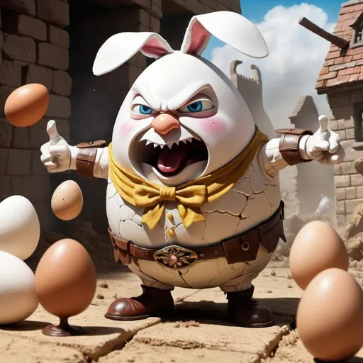 Prompt: An epic battle scene between (humpty dumpty, an egg man) and the Easter bunny, fight scene, fantasy style, action poses, detailed background and texture 