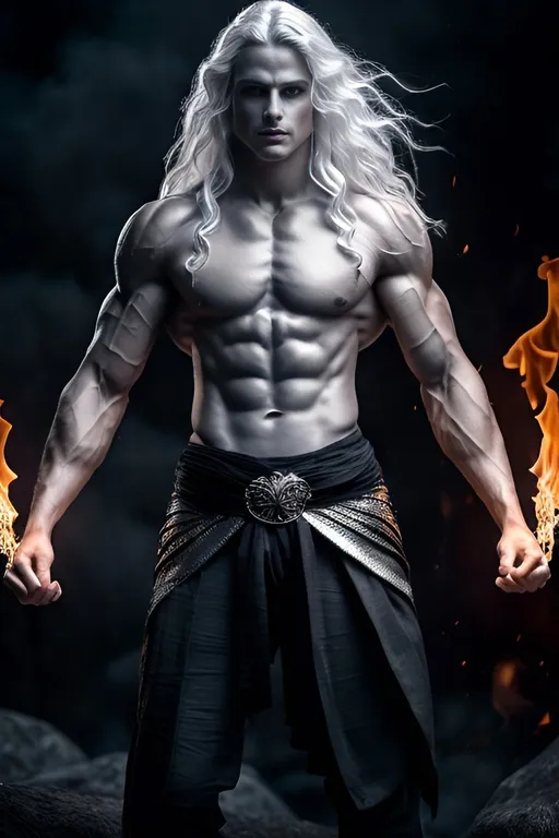 Prompt: Full-body pose of a young man, silvery blue skin, long flowing white hair, muscular, eyes made of flames, flames emitting from body, wearing a black dhoti, fantasy style, detailed flames, muscular physique, ethereal lighting, highres, fantasy, surreal, flames, silvery blue skin, flowing hair, detailed eyes, intense flames, mystical atmosphere