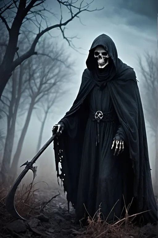 Prompt: Grim reaper, glowing blue eyes, dark and eerie materials, tattered cloak, haunting scythe, desolate landscape, misty atmosphere, high contrast shadows, macabre style, eerie lighting, chilling color tones, ultra-detailed, misty, haunting, macabre, desolate, sinister, high contrast, dark and eerie, chilling atmosphere, detailed cloak, skeletal features, professional