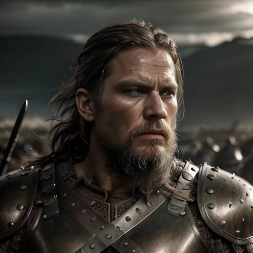 Prompt: Viking warrior in battle, rugged and weathered, realistic, detailed armor and weaponry, intense and fierce expression, dramatic lighting and shadows, high quality, realistic, dark and gritty, detailed facial features, historical, battle-worn, epic, cinematic, epic, intense battle scene, rugged landscape, atmospheric lighting