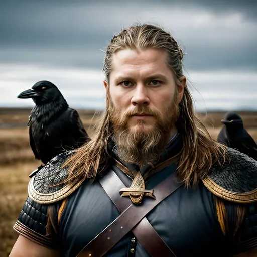 Prompt: Photorealistic depiction of Oden from Norse mythology, viking, forwarsd facing, standing pose with arms outstretched, two crows landing in each hand, realistic textures, detailed facial features, lifelike rendering, historical, mythological, detailed feathers, realistic lighting, photorealism style, Norse mythology, detailed pose, intricate details, high quality, lifelike, historical theme, subdued and natural tones, realistic shadows