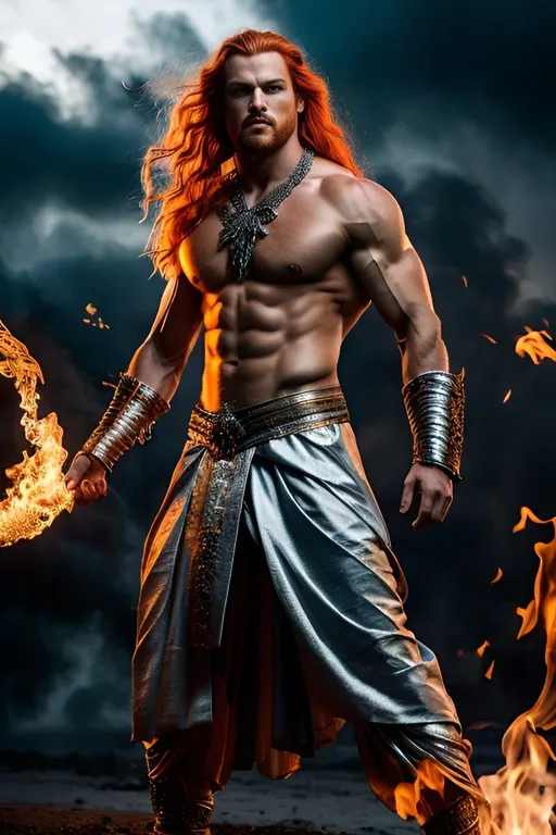 Prompt: Detailed, full-body pose of a muscular man with silvery blue skin, long flowing red hair, fiery orange eyes, emitting fire from body, wearing a dhoti, highres, ultra-detailed, fantasy, mythical, ethereal, silver-blue skin, flowing red hair, fiery eyes, fire emitting, traditional clothing, powerful stance, magical aura, intense lighting