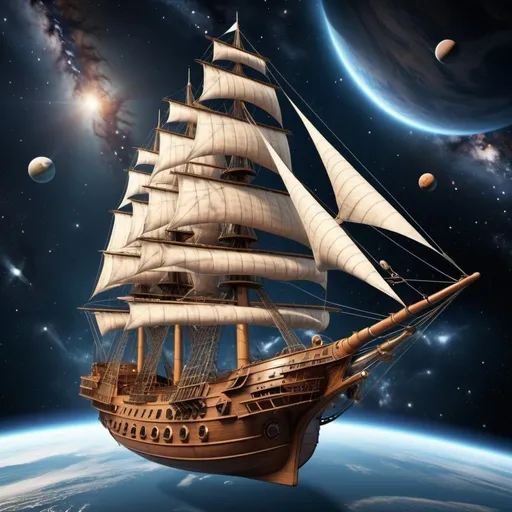 Prompt: Photorealistic image of an old-fashioned sailing ship flying through space, stars and planets, realistic details, high definition, photorealism, space, sailing ship, stars and planets, detailed sails, vintage design, realistic wood texture, intricate rigging, cosmic backdrop, astronomical objects, high-quality, expertly crafted, photorealistic style, realistic lighting, atmospheric space scene