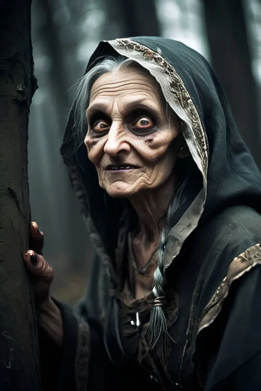Prompt: Baba Yaga of slavic folklore in misc-macabre style, evil atmosphere, dark moody colors, old evil crone, malignant smile, deepset eyes, mythical, spooky, eerie, highres, detailed, atmospheric lighting, macabre, Slavic folklore, devil's mother, sinister, creepy, haunting, eerie, ancient, spooky setting, eerie surroundings, detailed facial features, intense and moody, mythical evil, legendary, chilling, ethereal, supernatural