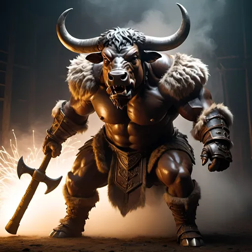 Prompt: Create an image of a warrior bull, anthropomorphic, screaming, moving, action burst, leather and iron armor, shaggy fur, foggy, stormy, 70mm, cinematic, highly detailed, minotaur real size, swinging his axe, debris flying, sparkling lights, aura, strong lights, high illumination"