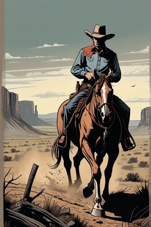 Prompt:  cowboy, landfields, detailed, dark colors, dramatic, graphic novel illustration,  2d shaded retro comic book