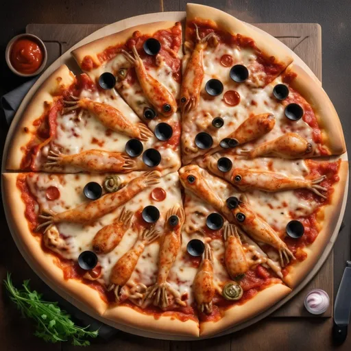 Prompt: photorealism pizza with fish and frog legs toppings, wood-fired oven baked, crispy crust, melted cheese, fresh tomato sauce, realistic texture, detailed toppings, high quality, photorealism, crispy crust, wood-fired, detailed toppings, melted cheese, fresh tomato sauce, realistic texture