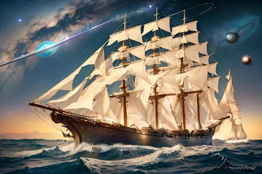 Prompt: Photorealistic illustration of an old-fashioned sailing ship soaring through outer space leaving a wake of rippled time, space and stars, surrounded by stars and distant planets, realistic space scenery, intricate ship details, weathered wood texture, antique sails billowing in the cosmic wind, authentic celestial bodies, high quality, photorealism, space, sailing ship, stars, planets, detailed ship, weathered texture, antique sails, realistic scenery, cosmic, celestial, intricate details