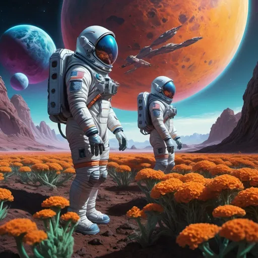 Prompt: Astronauts cultivating the alien land, realistic digital painting, otherworldly flora and fauna, high-res, detailed spacesuits, futuristic technology, alien landscape, vibrant colors, dramatic lighting, professional, atmospheric, sci-fi, digital painting, high quality, otherworldly environment, detailed textures, intense focus, futuristic agriculture